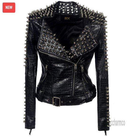 Jackets & Blazers - Faux Leather Motorcycle Jacket with Studded Rivets, Asymmetrical Zipper,